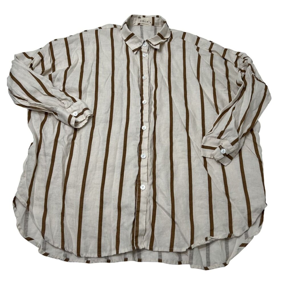 SOLAI Capri Linen Oversized Button Top in Toffee Stripe